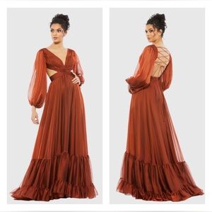 Mac Duggal 67948 Copper Pleated Cut Out Long Sleeve Lace Up Tiered Gown